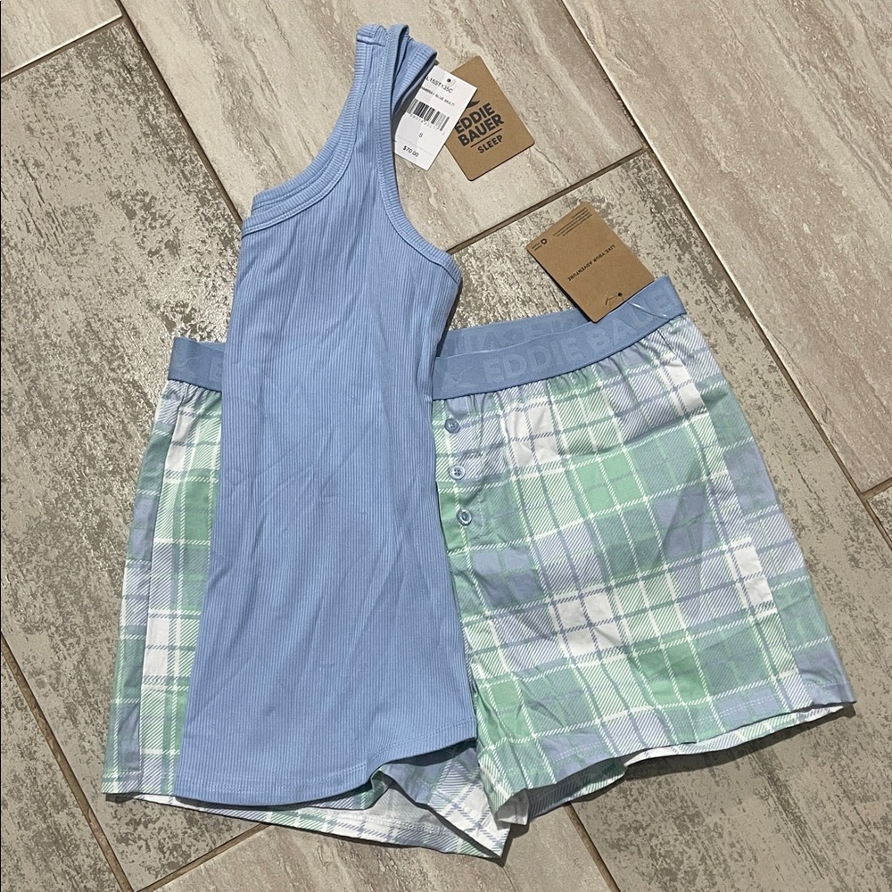 Eddie Bauer Light Blue Top and Green Plaid Shorts